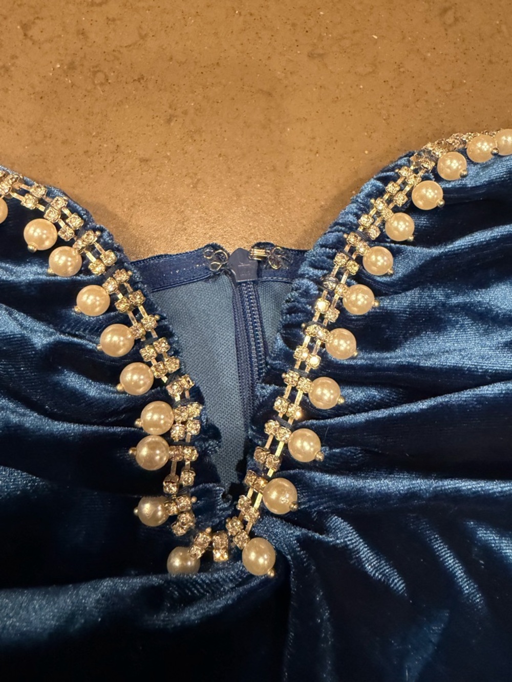 Lulu’s Fabulous Instinct Dark Blue Velvet Pearl Strapless Jumpsuit Sz: M - Picture 8 of 14